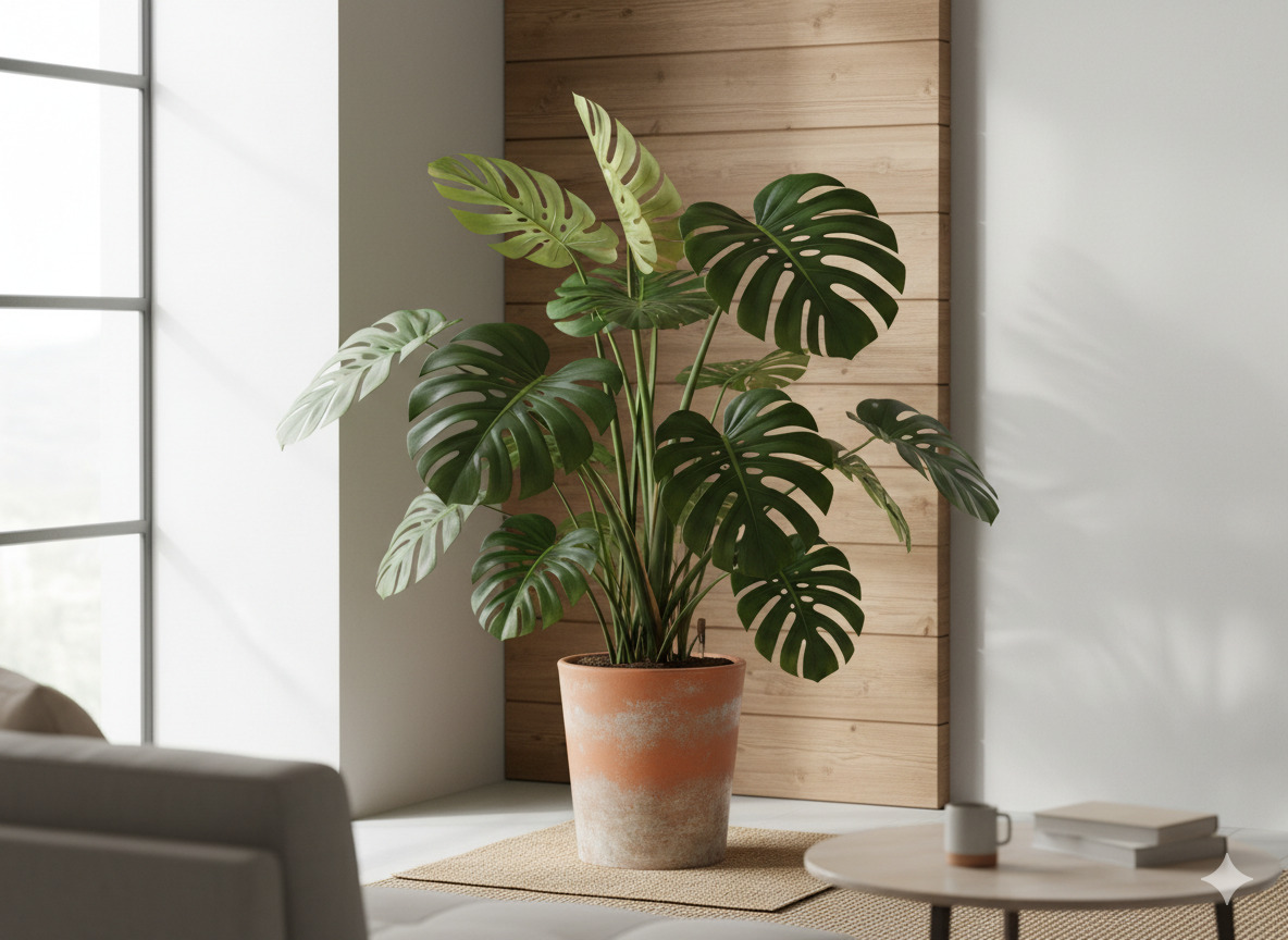 Monstera Deliciosa large indoor plant with split leaves