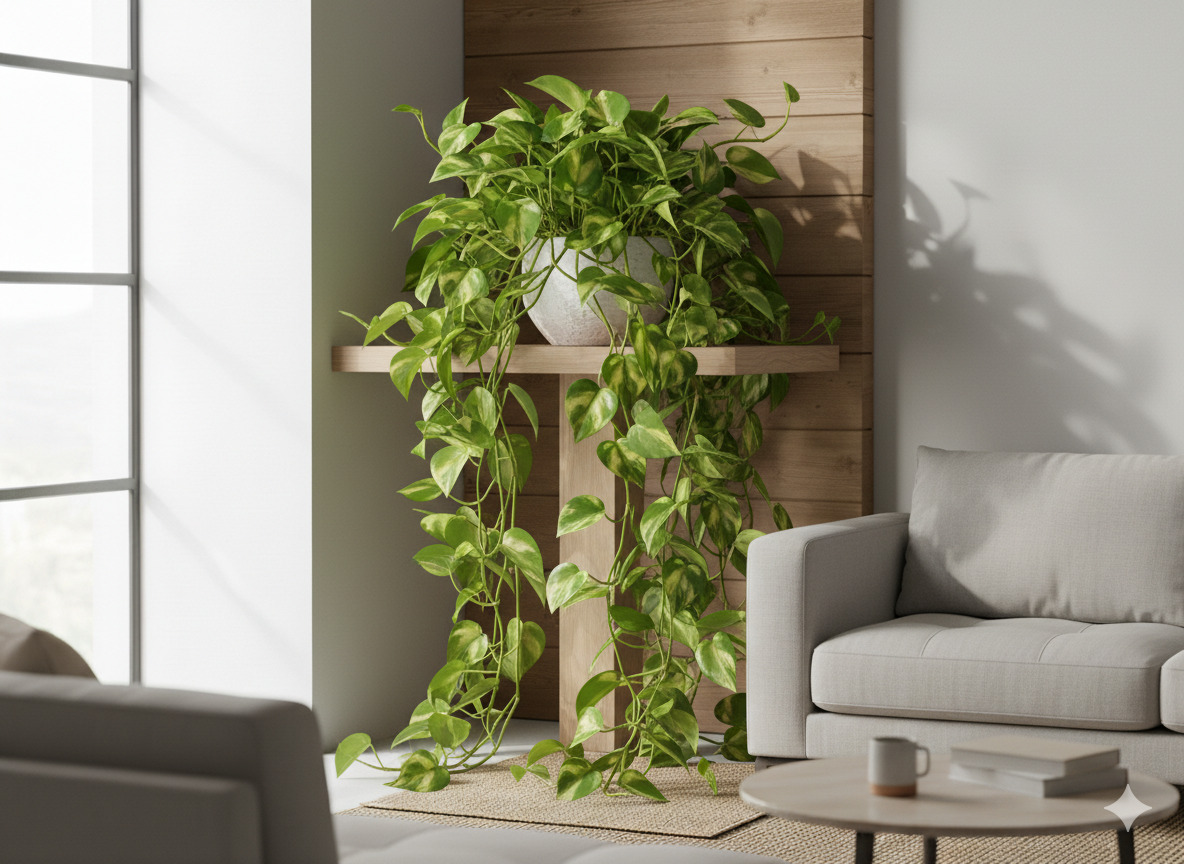 Pothos Golden trailing indoor plant with variegated leaves
